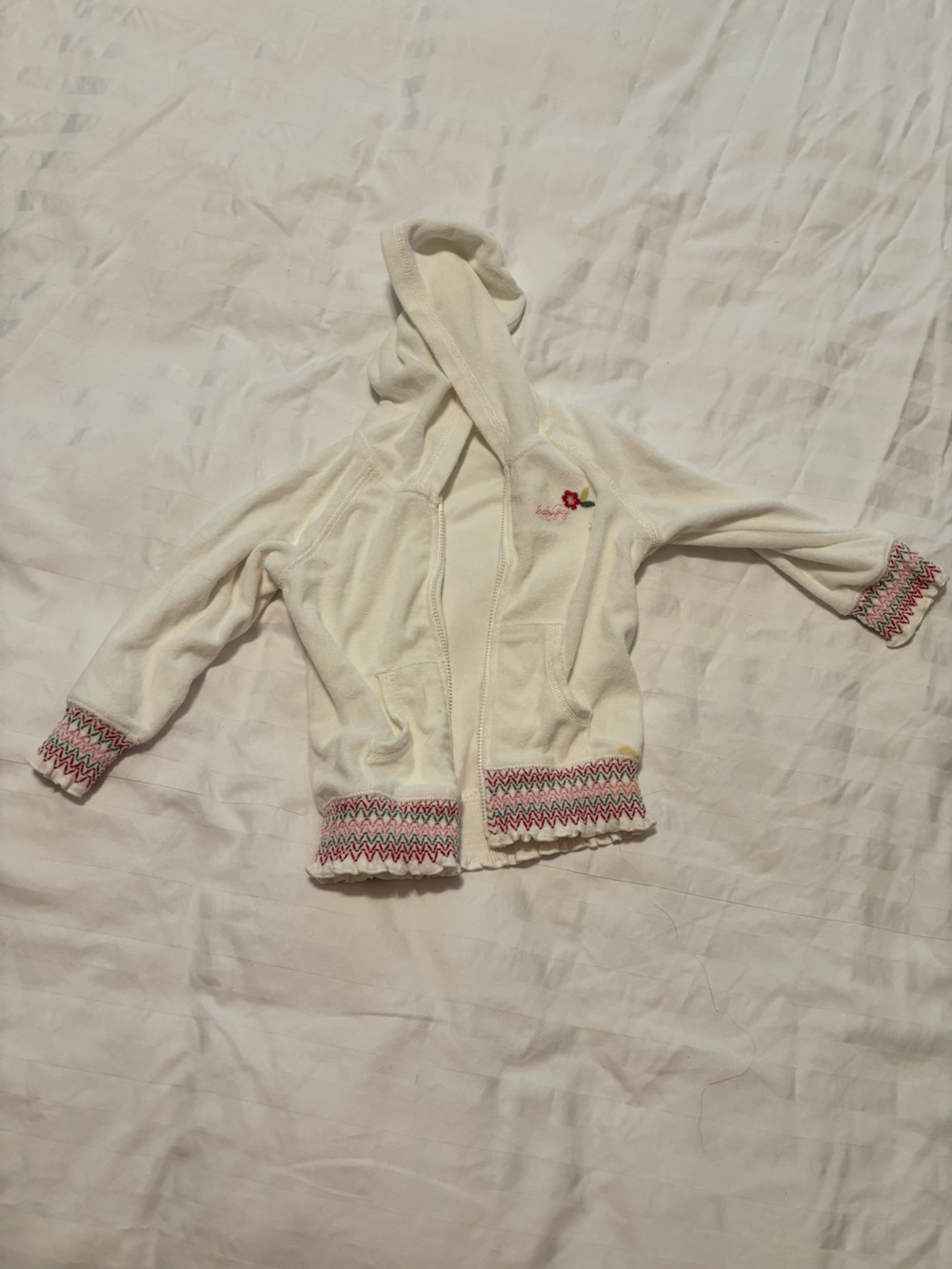 GAP Cream Hooded Cardigan with Pink Floral Accent and Multicolor Trim